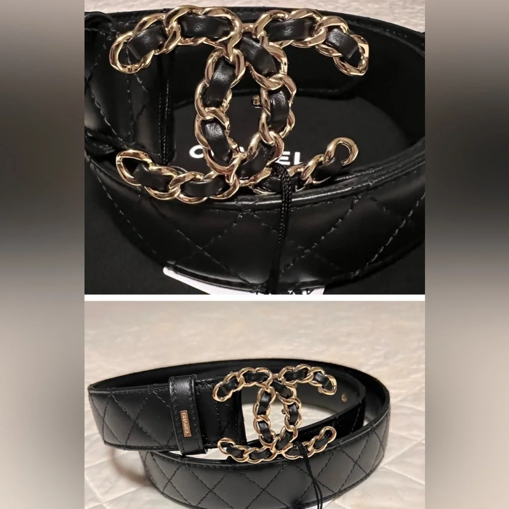 - CHANEL BLACK QUILTED 💥 CC LOGO GOLD BUCKLE BELT NEW size 85